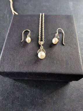 Vintage Sunstone Imports Italy Sterling Silver, Pearl Necklace Earrings Set